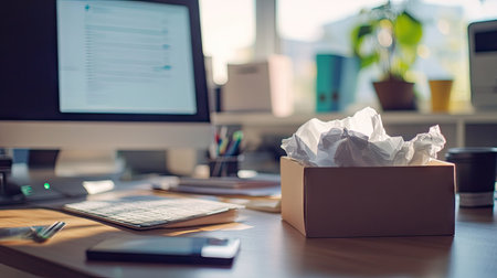 Crumpled tissue paper and a box of tissues on an office desk, with a computer screen in the background, indicating a sick dayの素材