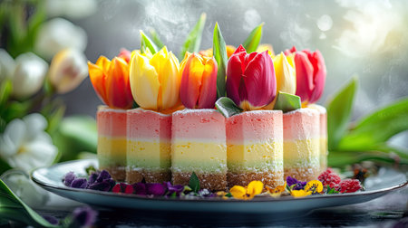 Colorful tulips standing tall amidst a foggy field, vibrant against the misty morning backgroundの素材