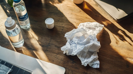Crumpled tissues on an office desk with hand sanitizer and a water bottle, indicating an unwell workdayの素材