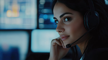 Close-up of woman in a headset with a slight smile, taking notes while engaging in a call. Her professional demeanor is evident.の素材