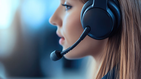Close-up on female call center agent's face, in headset, typing while listening intently. Office background softly blurred.の素材