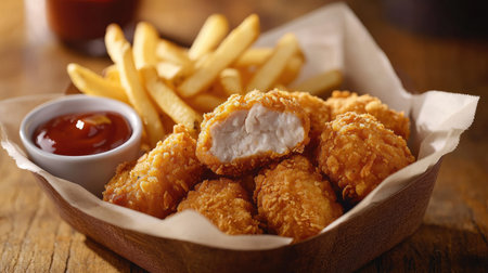 Crunchy breaded chicken nuggets with French fries and dipping sauces, served in a paper-lined basket on a wooden tableの素材