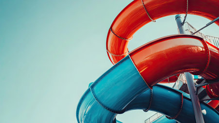 Colorful spiraling water slide with vibrant red and blue sections, set against a clear sky, capturing the thrill of a water parkの素材