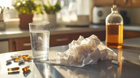 Crumpled tissues on a kitchen counter, with a glass of water and vitamins, suggesting a day of home recoveryの素材