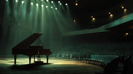 A wide view of a concert hall with a grand piano illuminated under stage lights, the empty seats stretching out into darkness.の素材