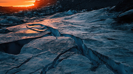 A vibrant sunset casting warm hues over the cracked surface of a sprawling glacier.の素材