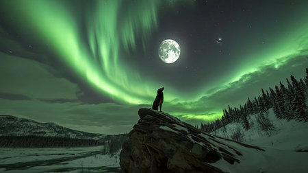 A wolf howling on a rock ledge with auroras lighting up the night sky alongside the full moon.の素材