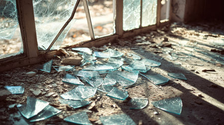 A wide-angle view of broken window glass on the floor of an abandoned building, with dust and debris around.の素材