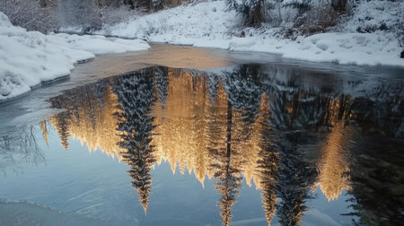 A winter forest reflected in the icy waters of a slowly flowing river.の素材