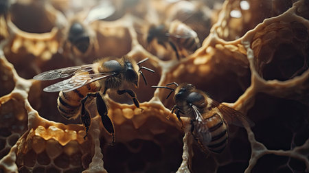 A stunning macro shot of honeybees extracting nectar from deep honeycomb cells.の素材