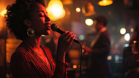 A jazz singer performing in an intimate club, holding a microphone and surrounded by warm, ambient lightingの素材
