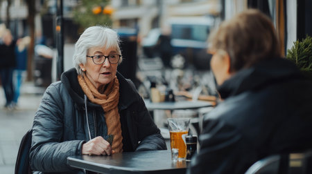 A senior woman with a walking stick chatting with a friend on a sidewalk cafの素材