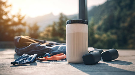 A shaker filled with a blended whey protein shake placed beside workout gear on a sunny terraceの素材