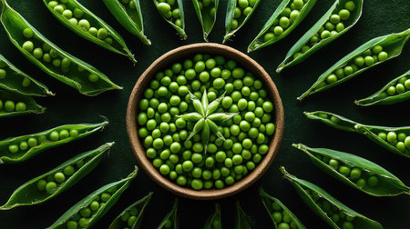 A playful composition of a bowl of green peas surrounded by open pea pods arranged in a star patternの素材