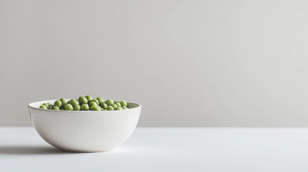 A minimalist photo of a white bowl filled with organic peas against a clean, white backgroundの素材