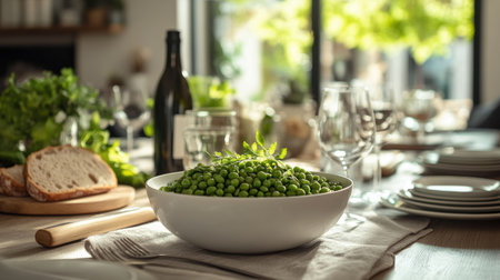 A modern dining table setup with a bowl of organic peas as the centerpiece, complemented by a salad and breadの素材