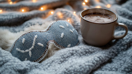 A furry winter-themed eye mask styled on a cozy blanket, accompanied by a cup of hot cocoaの素材