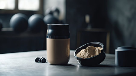 A shaker bottle filled with a whey protein drink next to an open container of powder on a workout benchの素材