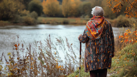 A senior woman with a colorful scarf and a walking stick walking along a quiet riverbankの素材