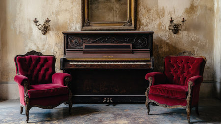 A pair of red velvet armchairs placed symmetrically in front of a vintage piano in an elegant roomの素材