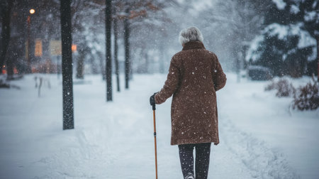 A senior woman walking through a snow-covered park, her walking stick helping her navigate icy pathsの素材