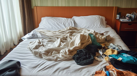 A messy hotel bed with a crumpled blanket after a restful sleepの素材