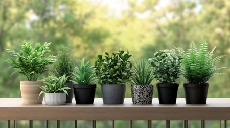 A neat row of artificial potted plants lined up on a wooden balcony railingの素材