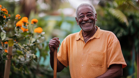 A senior man standing proudly in his garden, leaning on a walking stick with a bright smileの素材