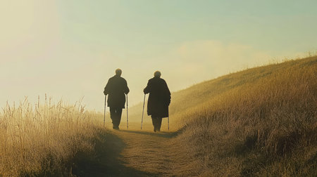 A senior couple walking in sync on a trail, each with walking sticks, enjoying nature togetherの素材
