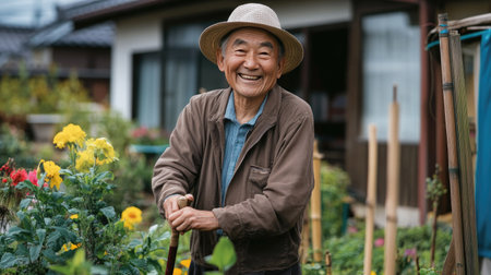 A senior man standing proudly in his garden, leaning on a walking stick with a bright smileの素材