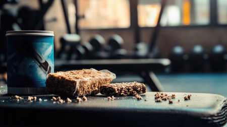 A high-energy gym scene with whey protein powder and energy bars on a workout benchの素材