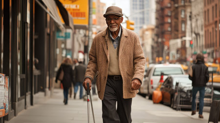 A senior man with a stylish cane walking confidently on a city sidewalk, dressed in casual attireの素材
