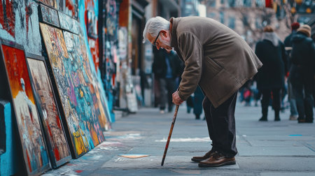 A senior man pausing to admire a street artist's work, his walking stick resting on the groundの素材