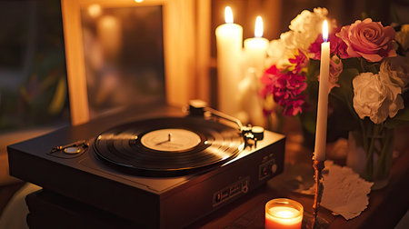 A romantic candlelit setup with a vintage record player and a bouquet of flowers nearbyの素材