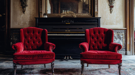 A pair of red velvet armchairs placed symmetrically in front of a vintage piano in an elegant roomの素材