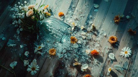 A dramatic shot of shattered glass from a fallen vase, surrounded by scattered flowers on a wooden floor.の素材