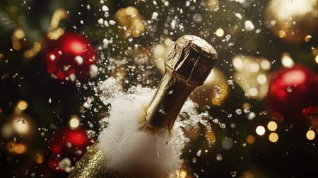 A dynamic shot of a champagne cork mid-air with bubbly foam erupting, festive decorations in the background.の素材