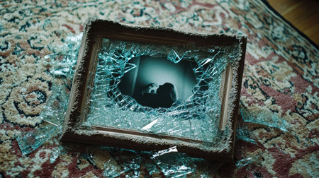 A fallen picture frame with shattered glass lying on a rug, with the photo still intact beneath.の素材