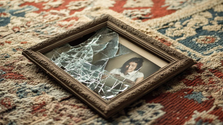 A fallen picture frame with shattered glass lying on a rug, with the photo still intact beneath.の素材