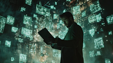 A dramatic shot of a man holding a laptop with virtual locks and keys floating around him in a matrix-like background.の素材
