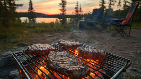 A dramatic shot of flames flaring up as beef steaks grill on a metal grate at a remote camping site.の素材