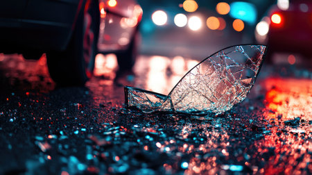 A dramatic view of a car window shattered onto the asphalt floor, with pieces glimmering under streetlights.の素材