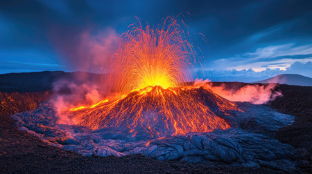 A dramatic shot of an erupting volcano, with glowing lava spewing from its summit.の素材