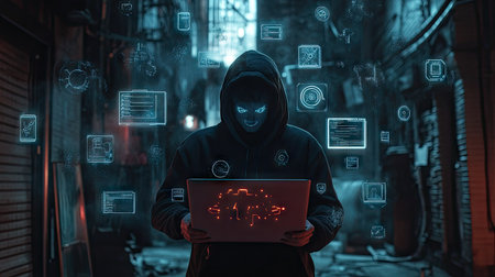 A dramatic shot of a hacker holding a laptop with hacking-related icons floating around them.の素材