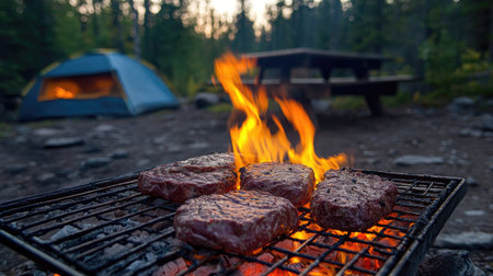 A dramatic shot of flames flaring up as beef steaks grill on a metal grate at a remote camping site.の素材