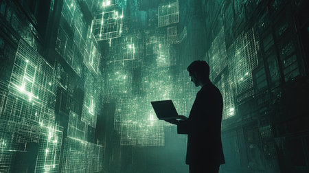 A dramatic shot of a man holding a laptop with virtual locks and keys floating around him in a matrix-like background.の素材
