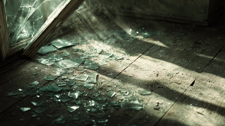A fallen windowpane with glass shards scattered across a dusty wooden floor, lit by soft daylight.の素材