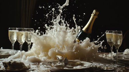 A dynamic splash of champagne foam from a freshly popped bottle surrounded by glasses on a table.の素材