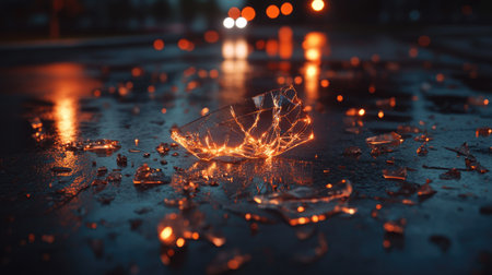 A dramatic view of a car window shattered onto the asphalt floor, with pieces glimmering under streetlights.の素材