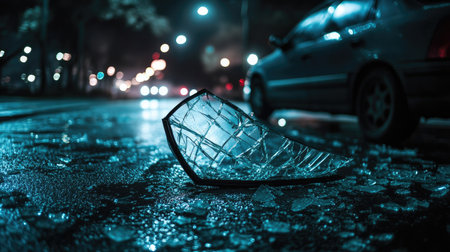A dramatic view of a car window shattered onto the asphalt floor, with pieces glimmering under streetlights.の素材